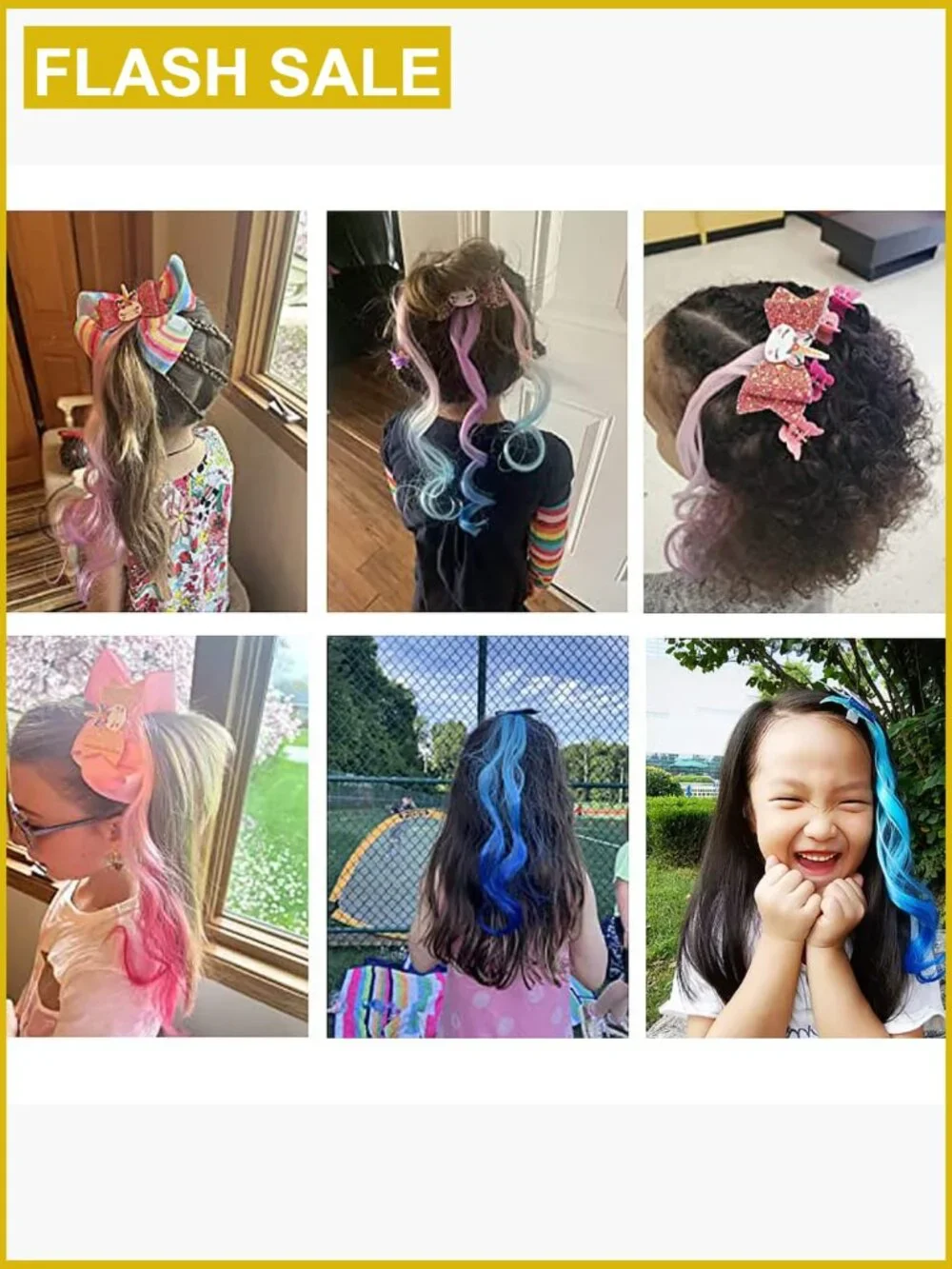 6 Unicorn Hair Bows Clips Glitter Braided Curly Wig Hair Extensions 6pcs